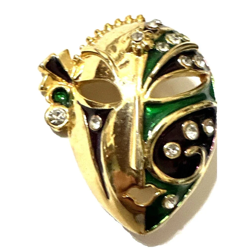 Vintage Kabuki Theater Mask Brooch Ornate Green Red Enamel Rhinestone Pin 1.75